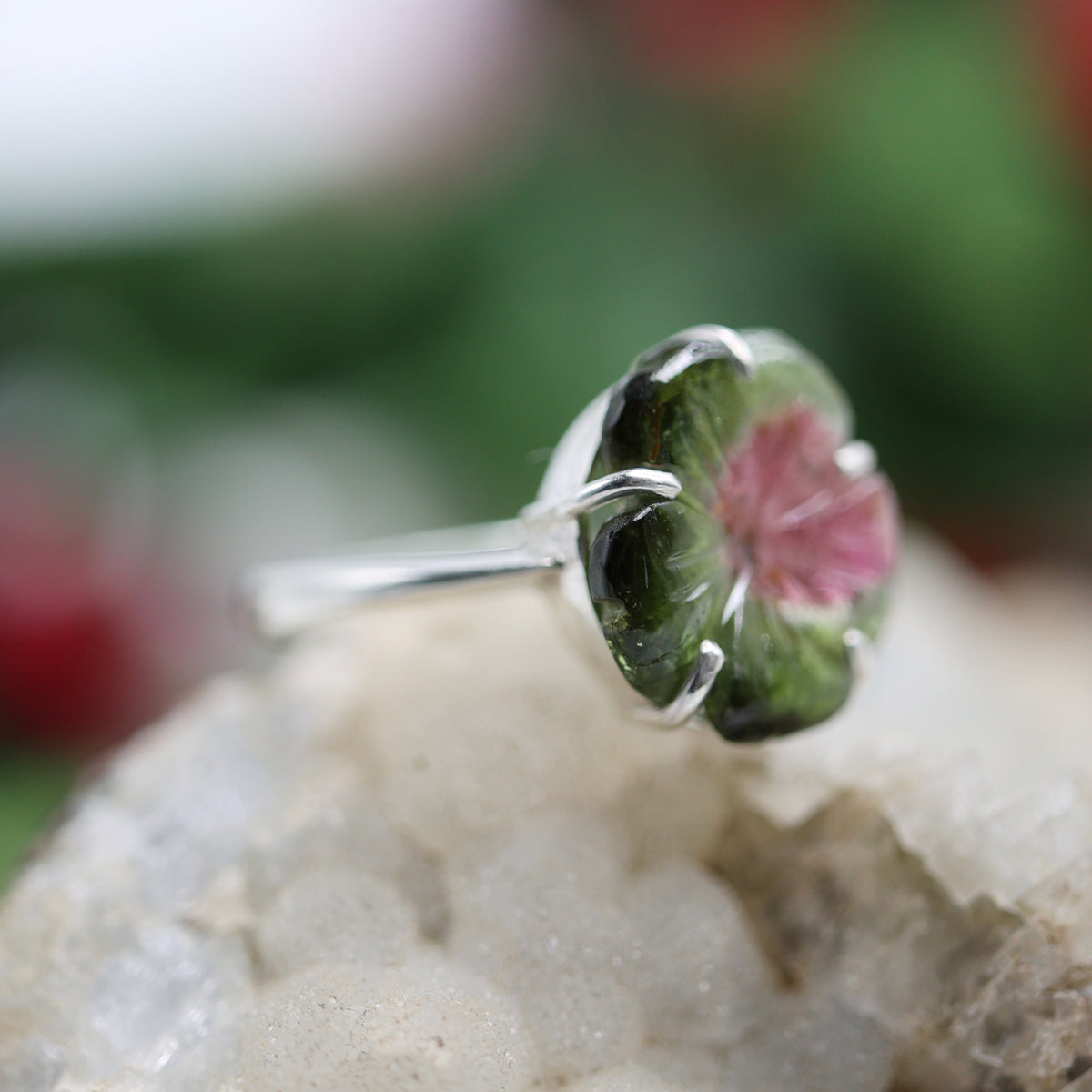 Carved Watermelon Tourmaline Flower Ring – 925 Sterling Silver