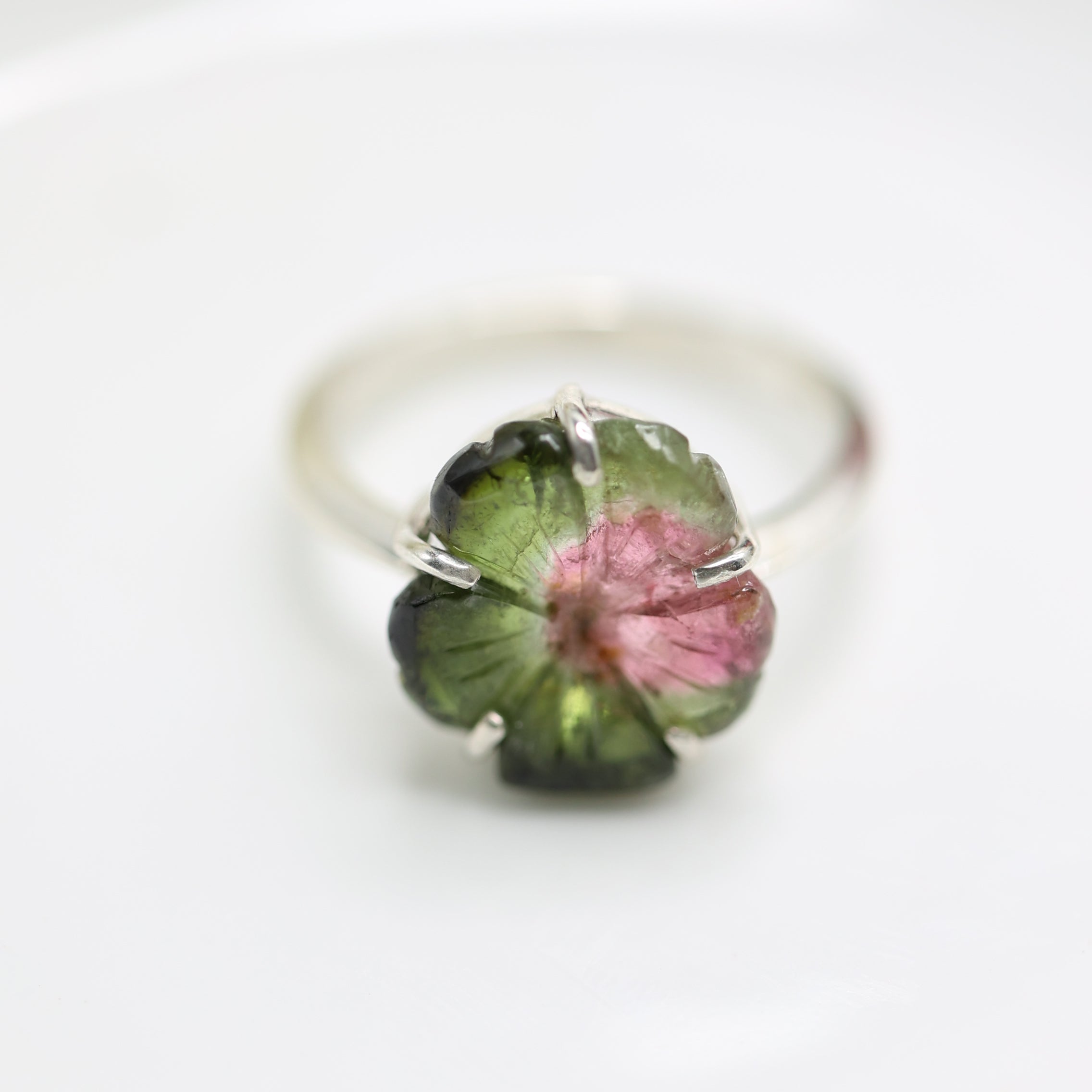 Carved Watermelon Tourmaline Flower Ring – 925 Sterling Silver