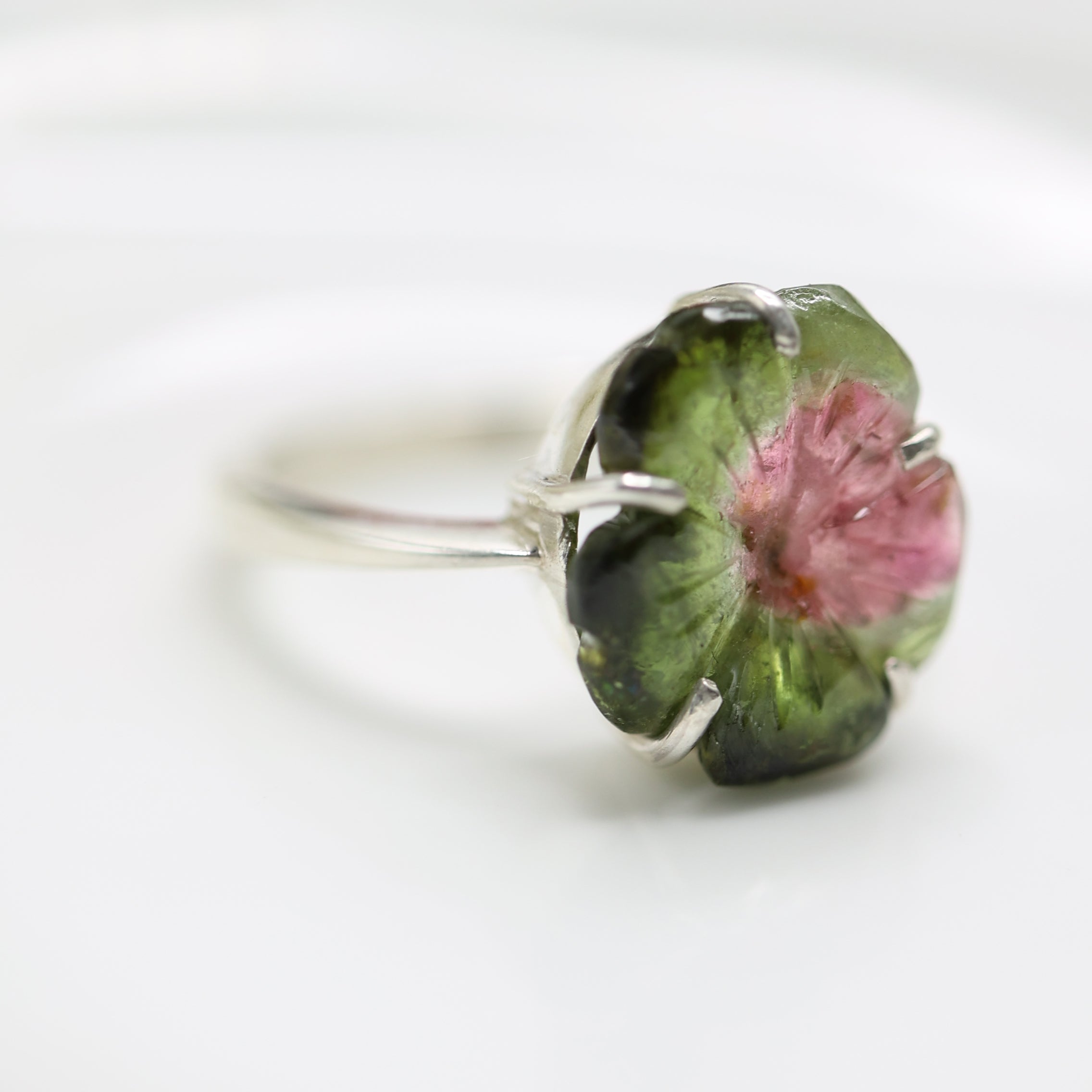 Carved Watermelon Tourmaline Flower Ring – 925 Sterling Silver
