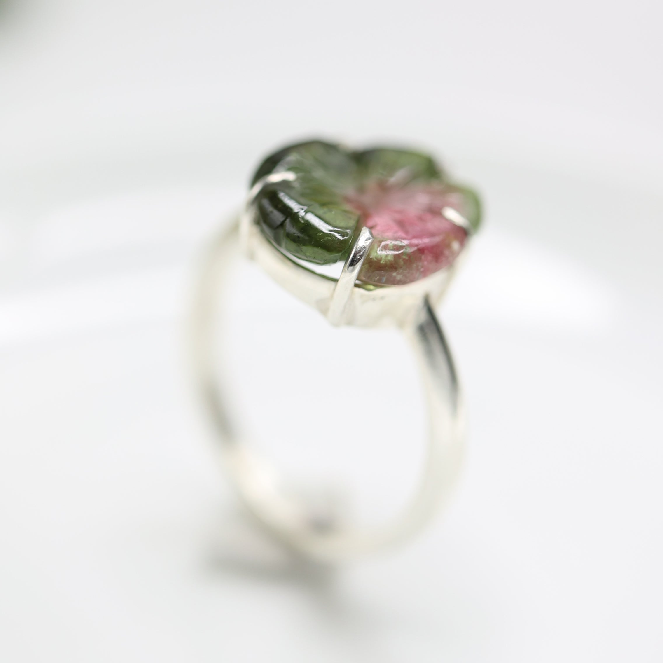 Carved Watermelon Tourmaline Flower Ring – 925 Sterling Silver