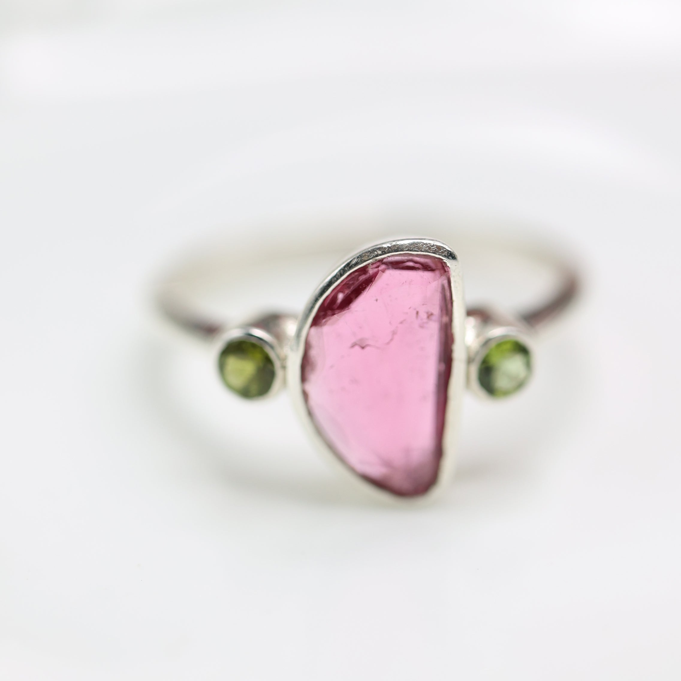 Pink Flat-Cut Tourmaline Ring with Green Accents – 925 Sterling Silver