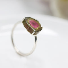 Small Pink-Green Watermelon Tourmaline Slice Ring – 925 Sterling Silver