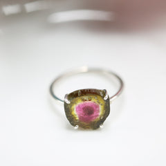 Small Pink-Green Watermelon Tourmaline Slice Ring – 925 Sterling Silver