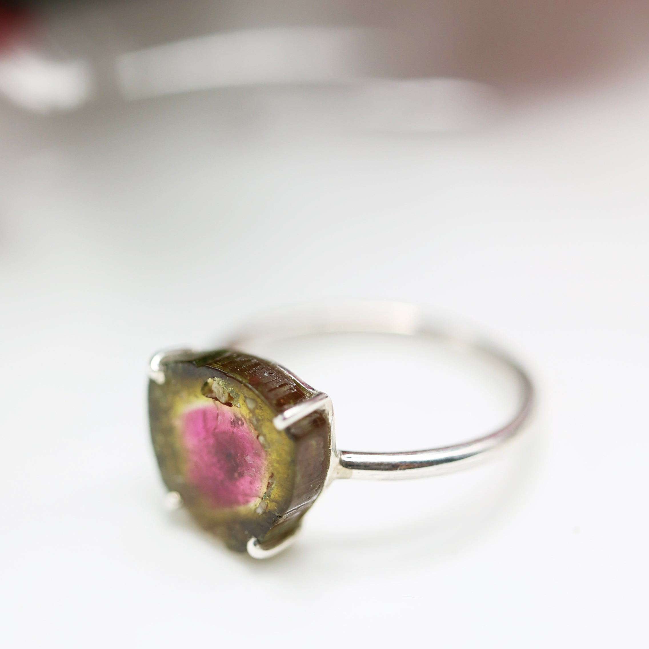 Small Pink-Green Watermelon Tourmaline Slice Ring – 925 Sterling Silver