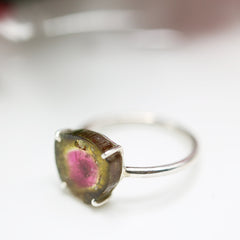 Small Pink-Green Watermelon Tourmaline Slice Ring – 925 Sterling Silver
