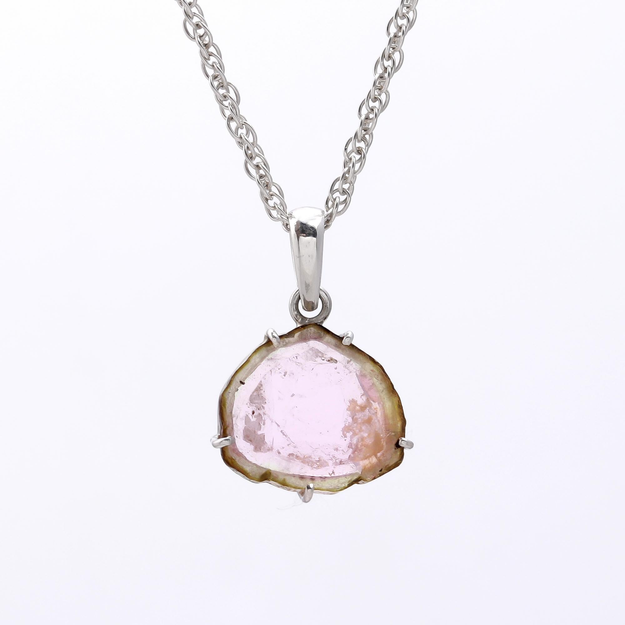 Light Pink Watermelon Tourmaline Slice Pendant – 925 Sterling Silver