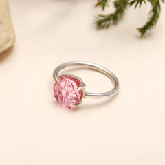 Carved Pink Tourmaline Flower Ring – 925 Sterling Silver