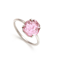 Carved Pink Tourmaline Flower Ring – 925 Sterling Silver