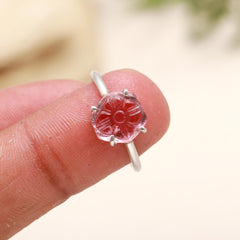 Carved Pink Tourmaline Flower Ring – 925 Sterling Silver