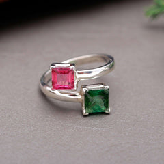 💖💚 Pink & Green Tourmaline Square Cut Ring – 925 Sterling Silver