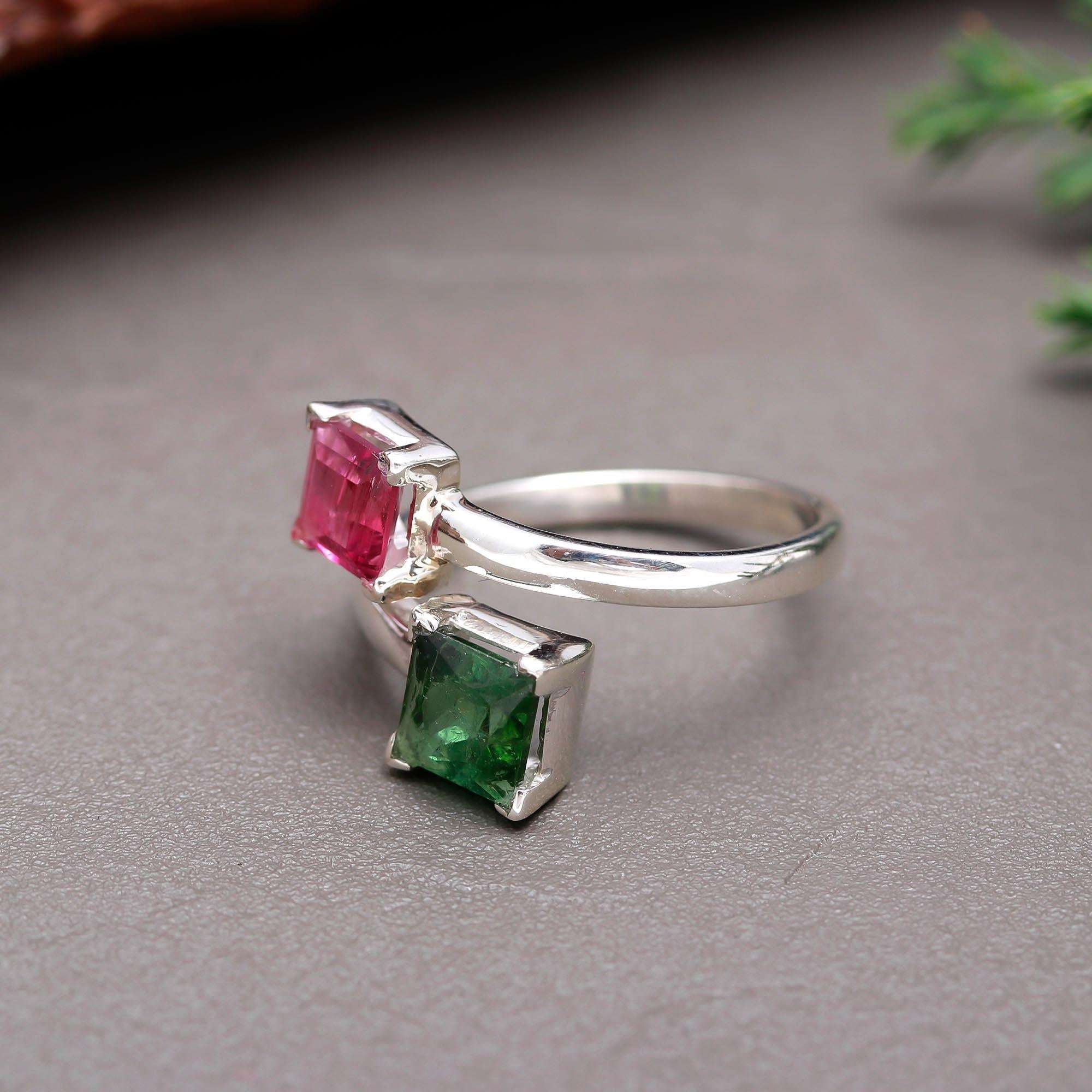 💖💚 Pink & Green Tourmaline Square Cut Ring – 925 Sterling Silver