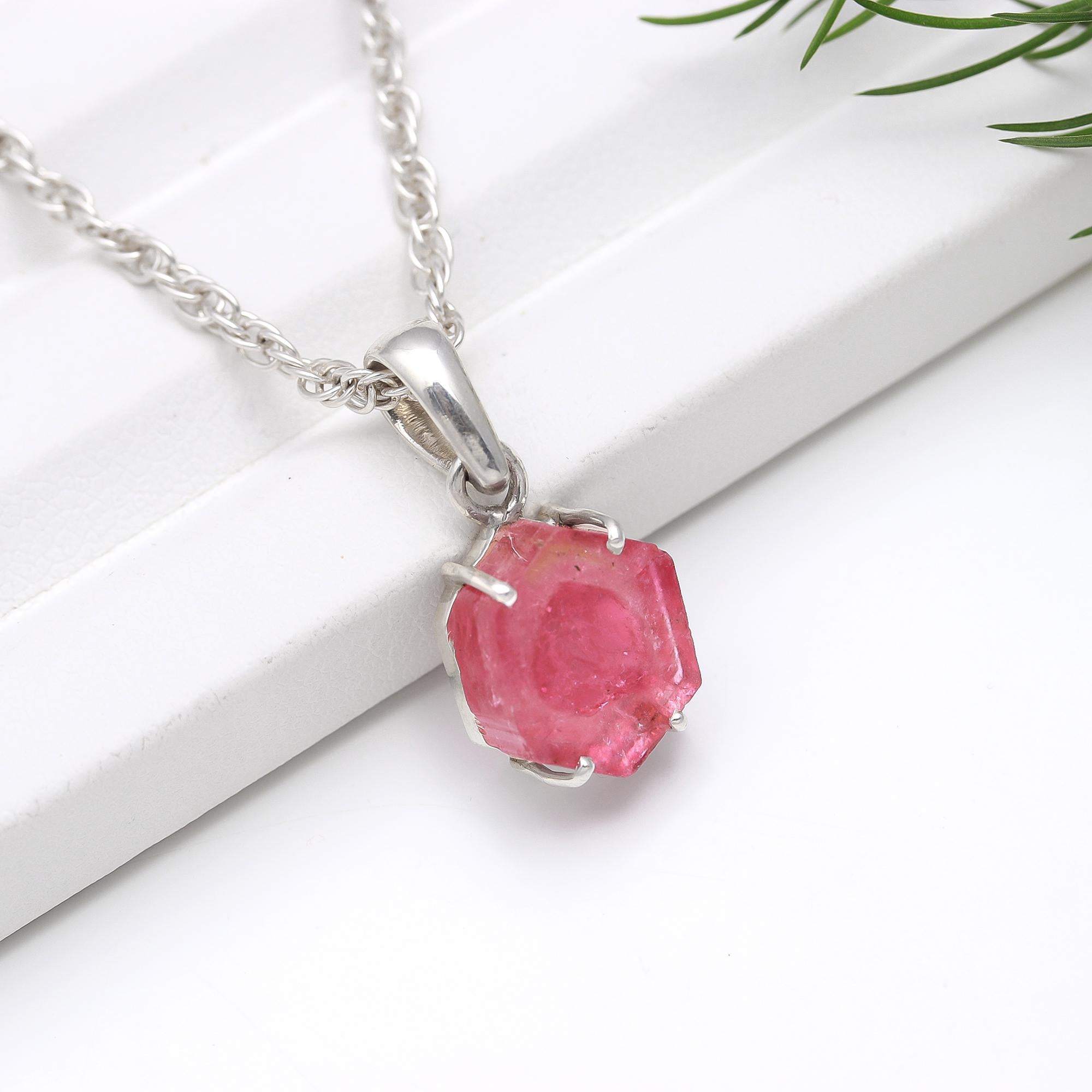 Solid Pink Tourmaline Slice Pendant – 925 Sterling Silver