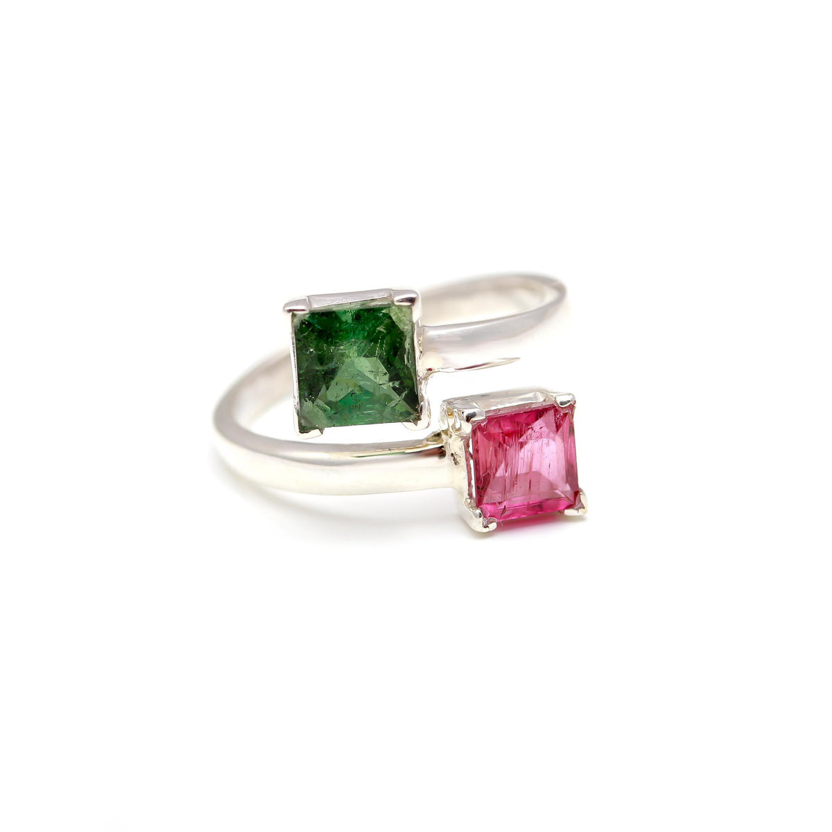 💖💚 Pink & Green Tourmaline Square Cut Ring – 925 Sterling Silver