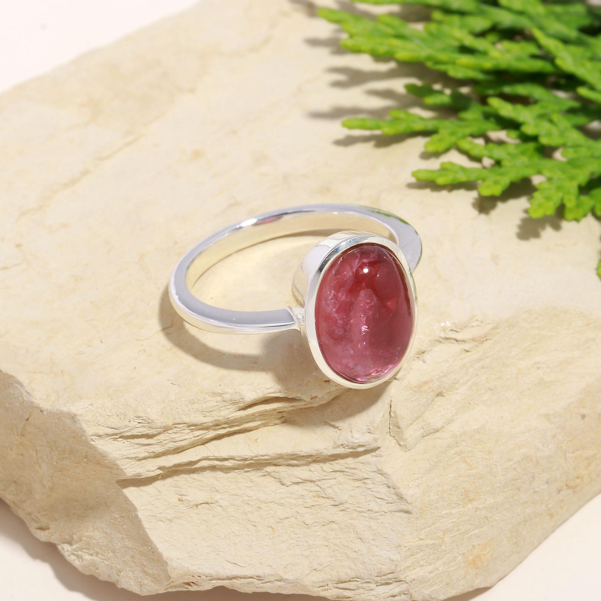 Pink Bi-Color Tourmaline Cabochon Ring – 925 Sterling Silver