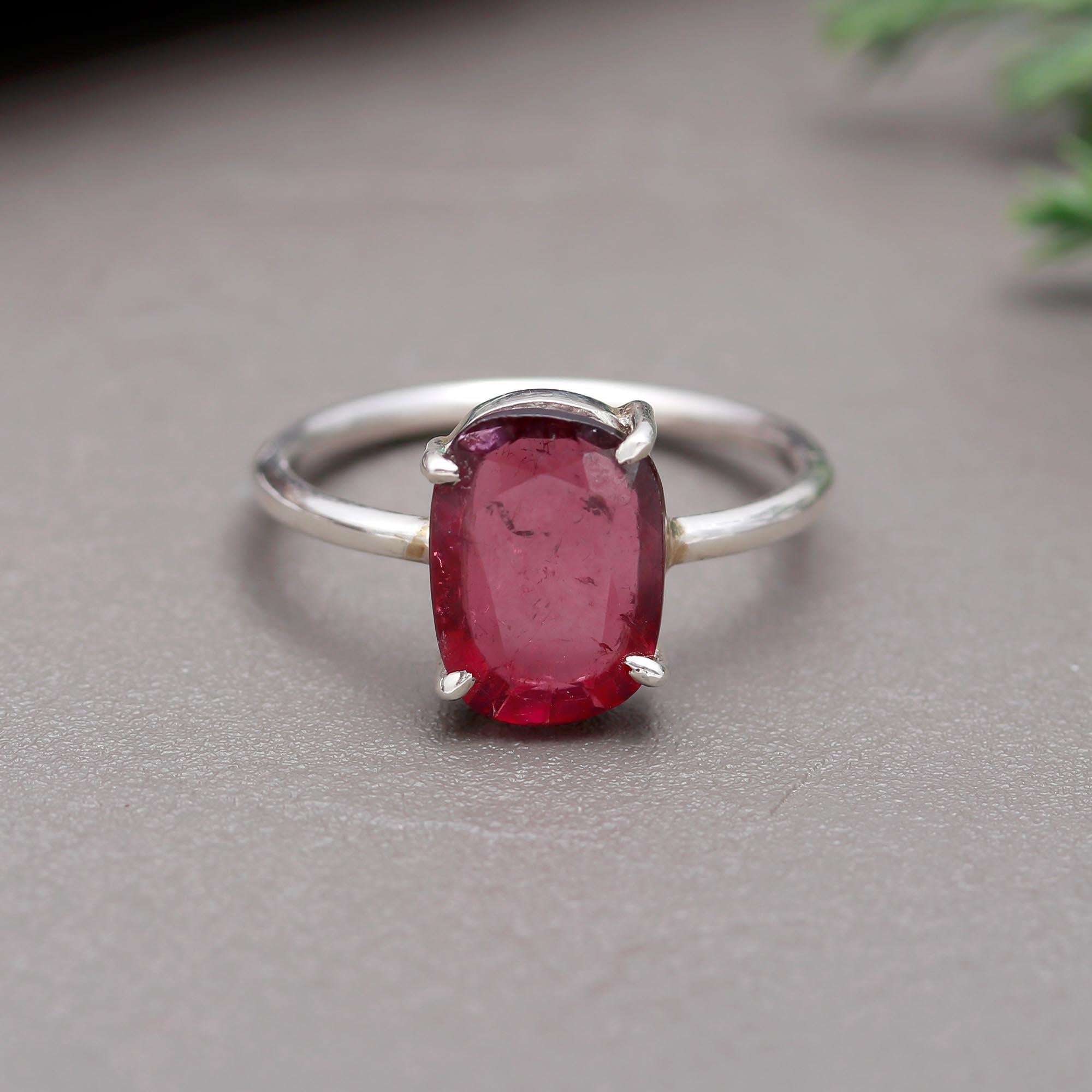 Red Flat Cut Tourmaline Ring – 925 Sterling Silver