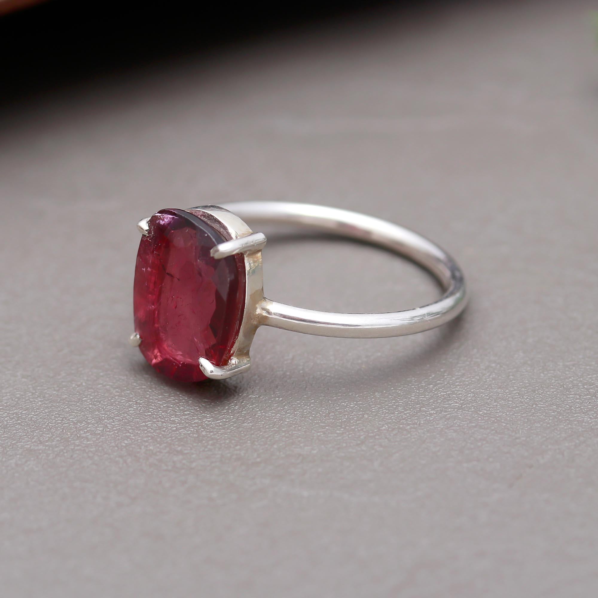 Red Flat Cut Tourmaline Ring – 925 Sterling Silver
