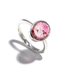 Pink & White Tourmaline Cabochon Ring – 925 Sterling Silver