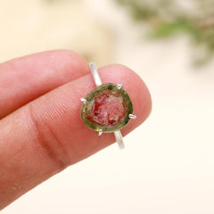 Light Pink & Green Tourmaline Slice Ring – 925 Sterling Silver