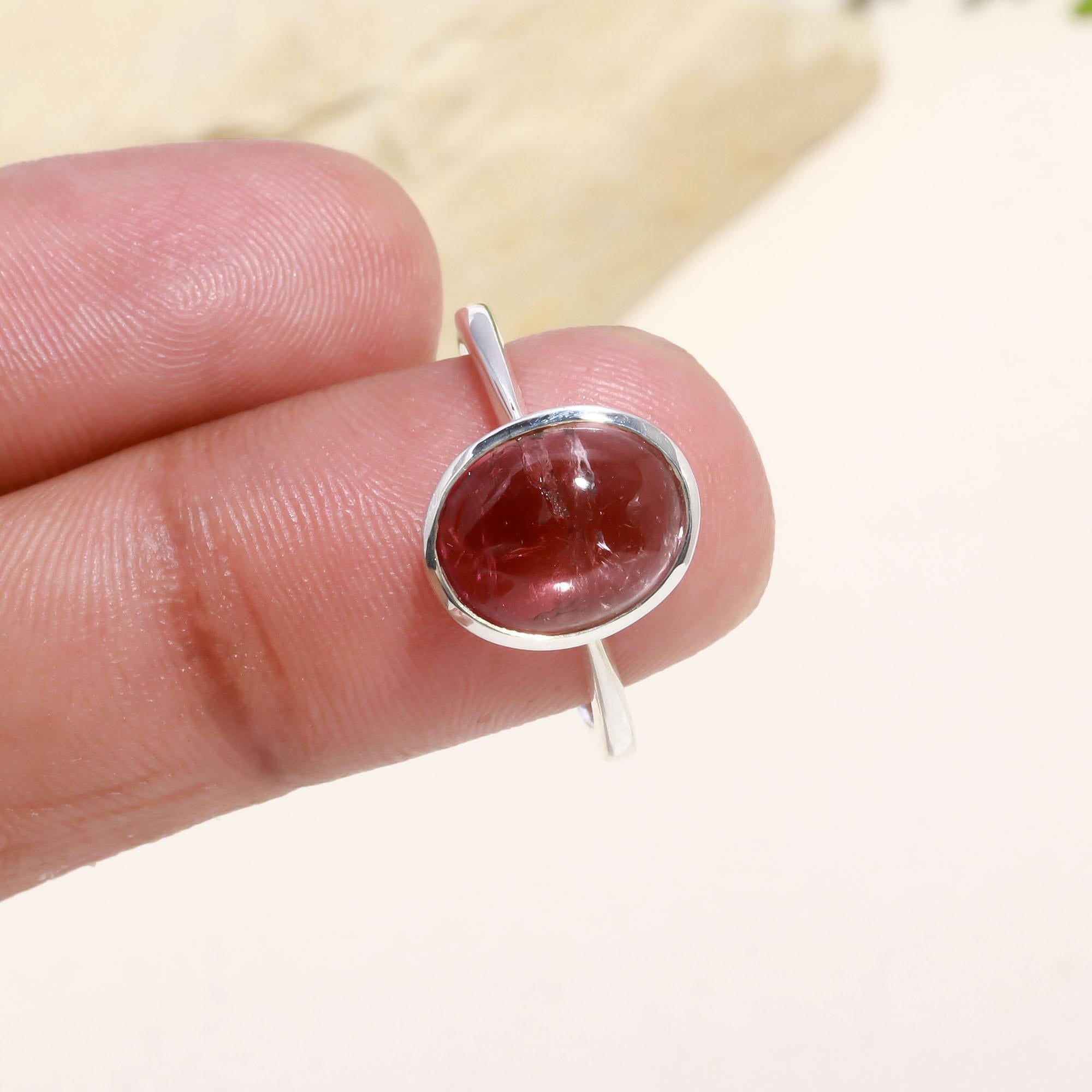 Pink & White Tourmaline Cabochon Ring – 925 Sterling Silver