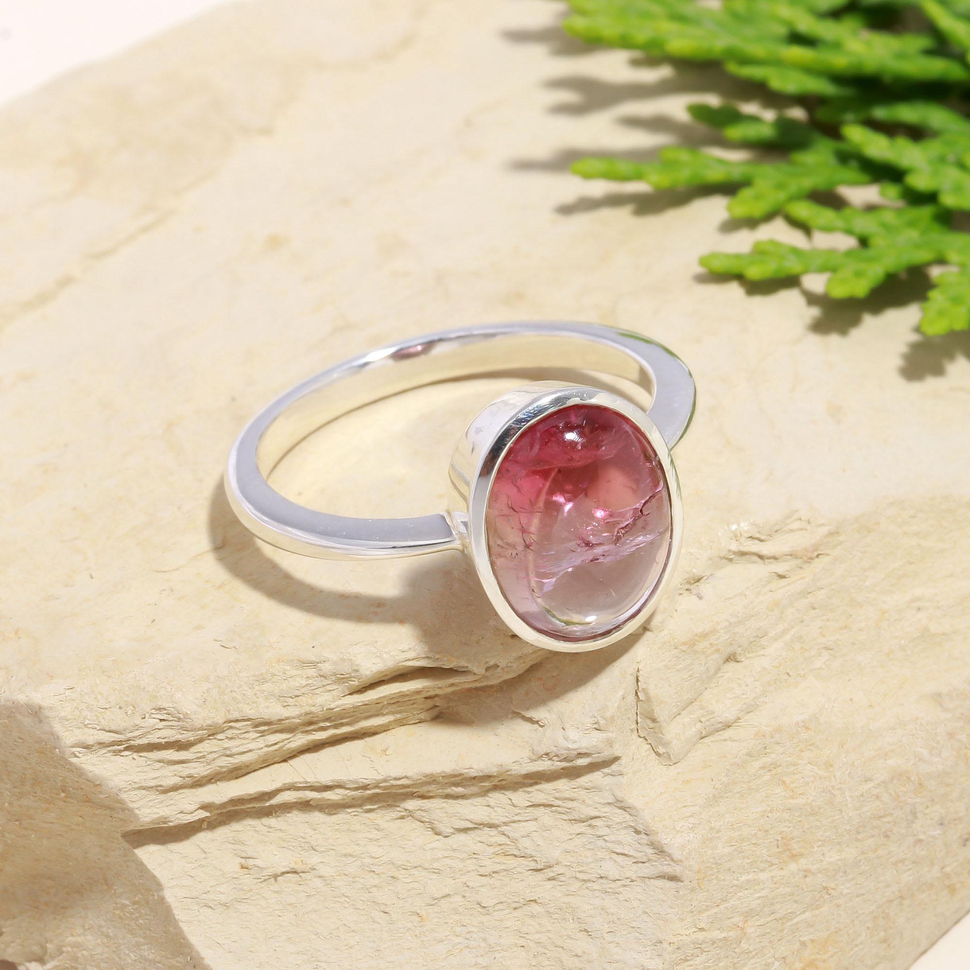 Pink & White Tourmaline Cabochon Ring – 925 Sterling Silver