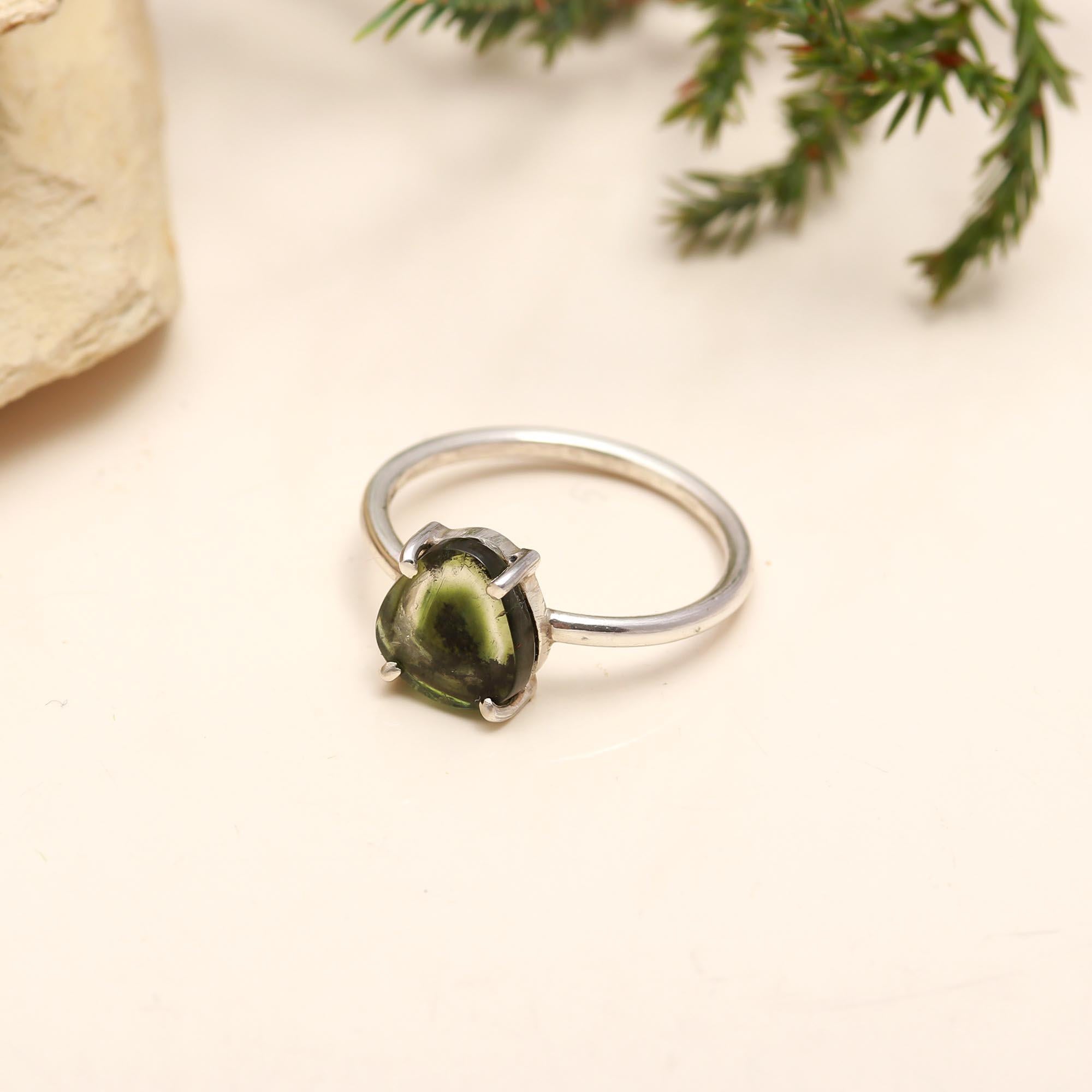 Green Tourmaline Thick Slice Ring – 925 Sterling Silver