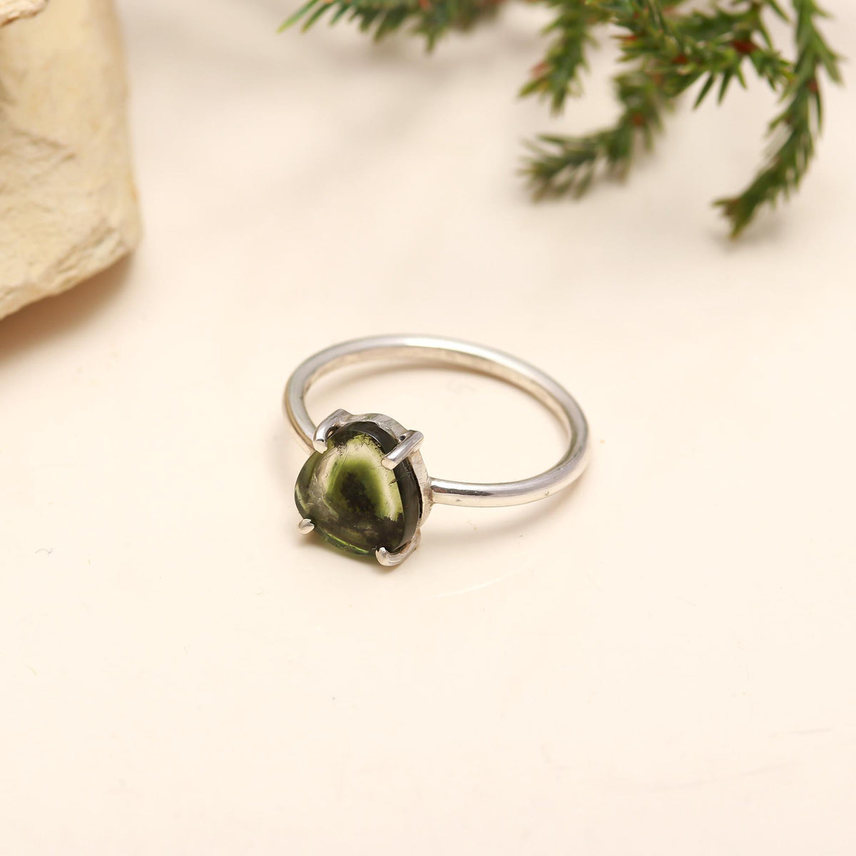 Green Tourmaline Thick Slice Ring – 925 Sterling Silver