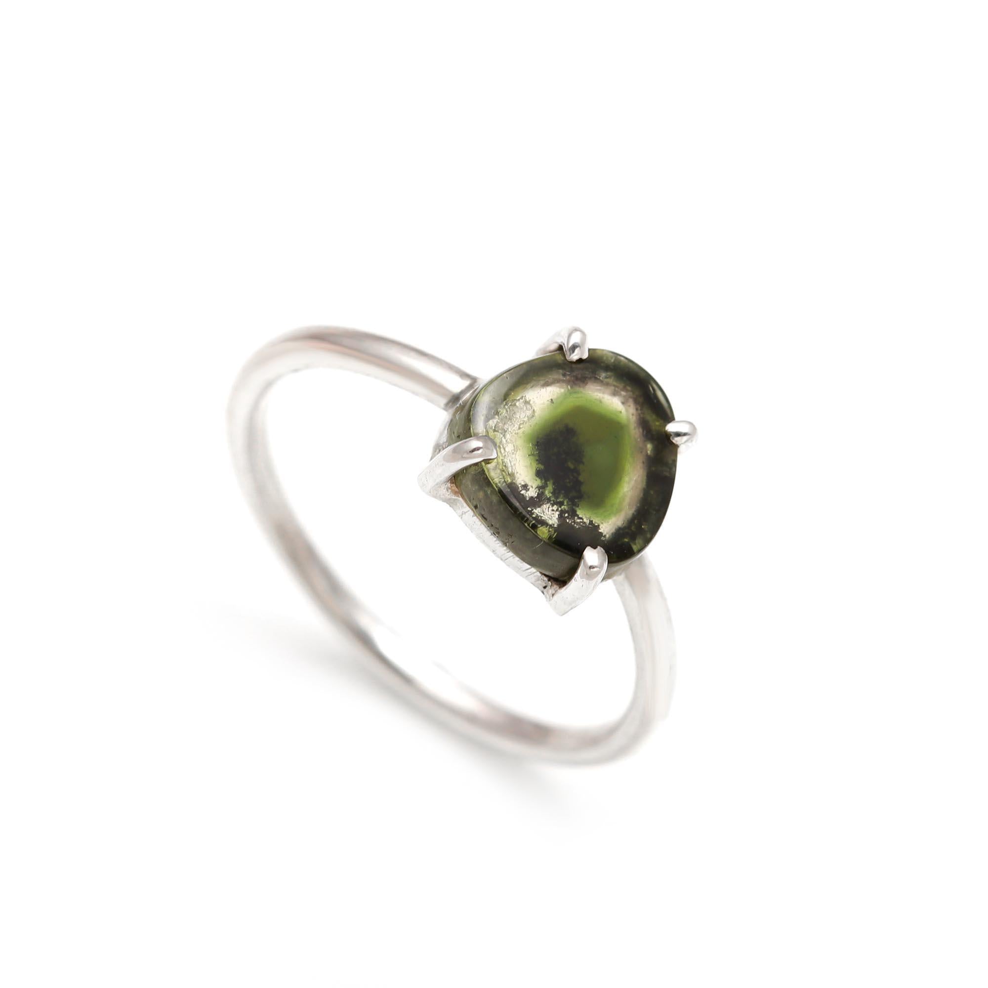 Green Tourmaline Thick Slice Ring – 925 Sterling Silver