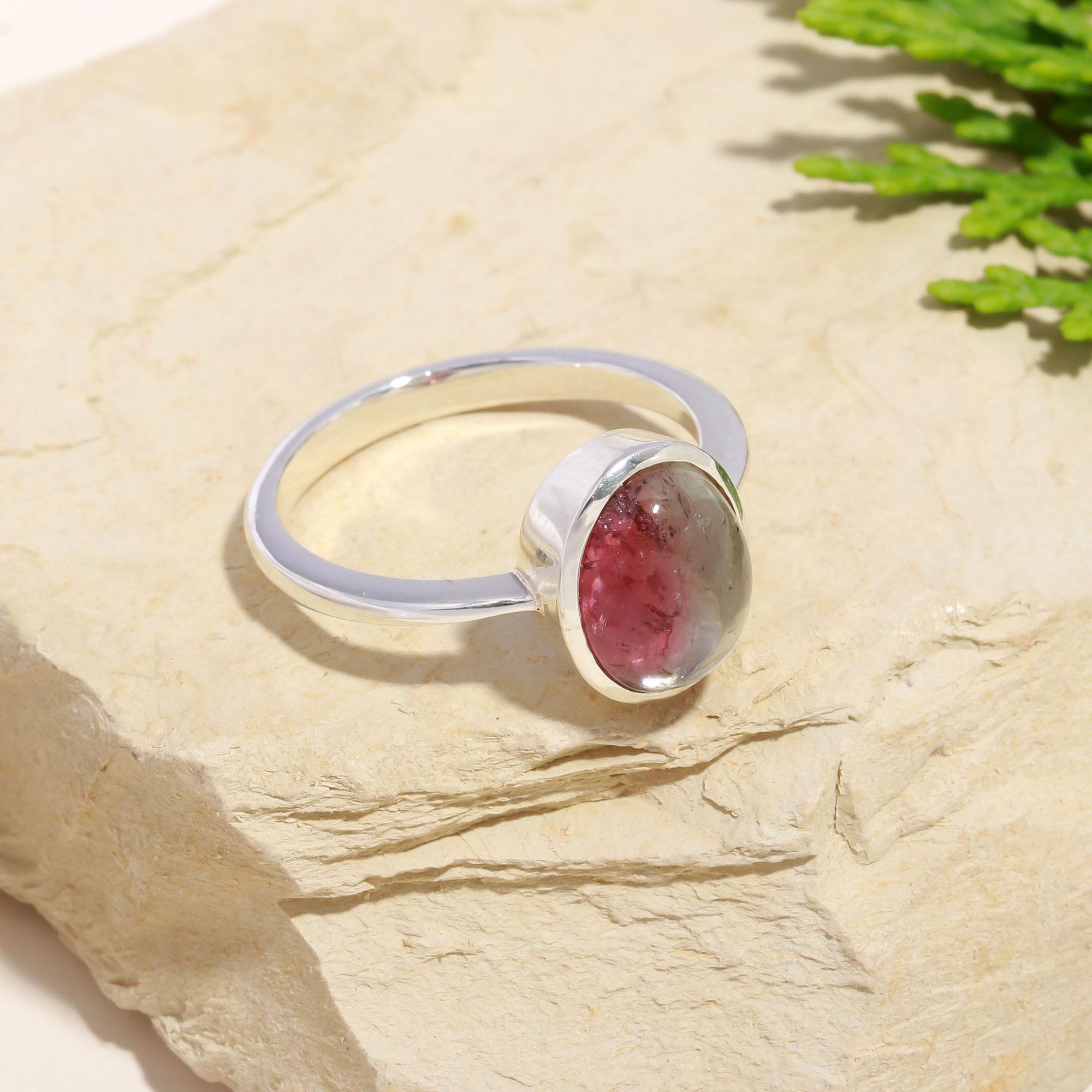 Grey & Pink Oval Cabochon Tourmaline Ring – 925 Sterling Silver