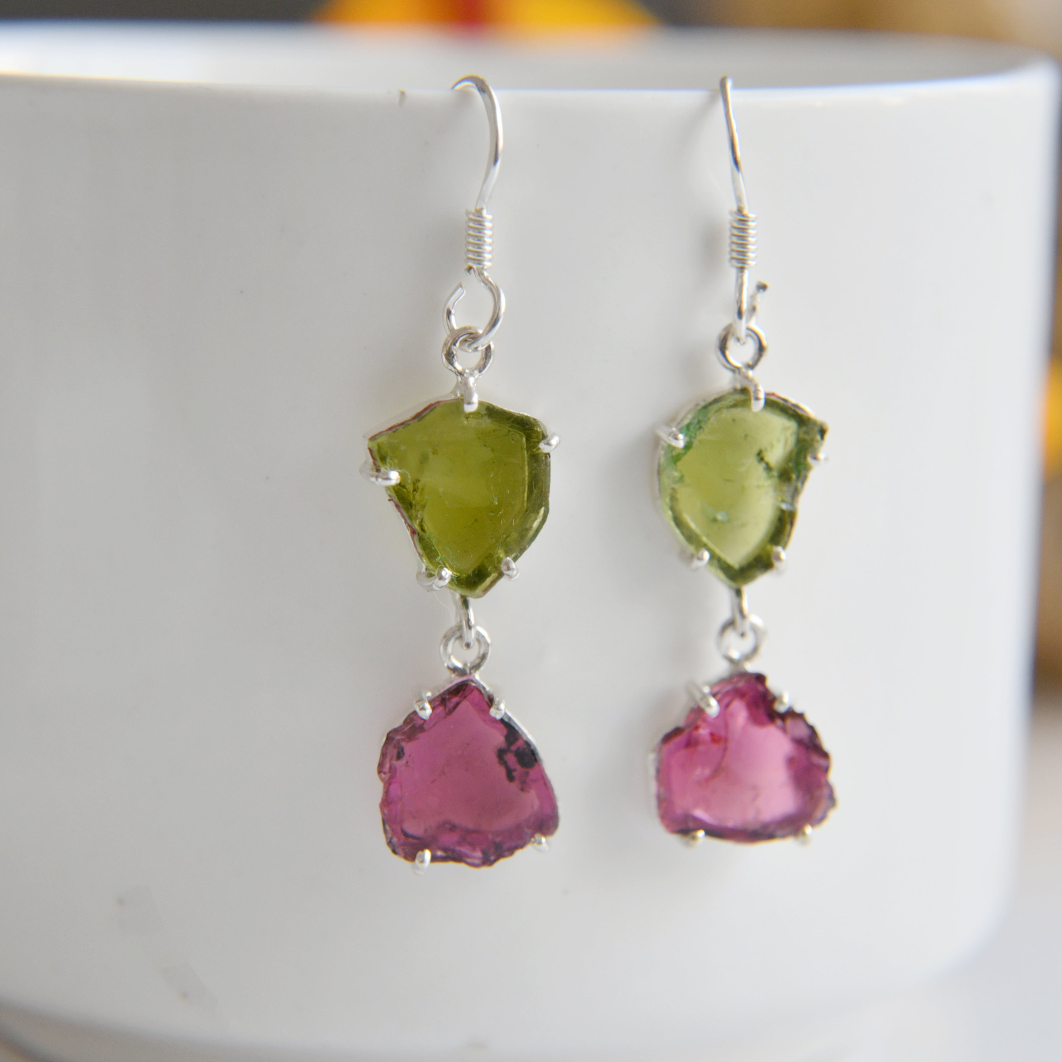Bold Pink & Green Tourmaline Earrings – 925 Sterling Silver