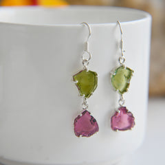 Bold Pink & Green Tourmaline Earrings – 925 Sterling Silver