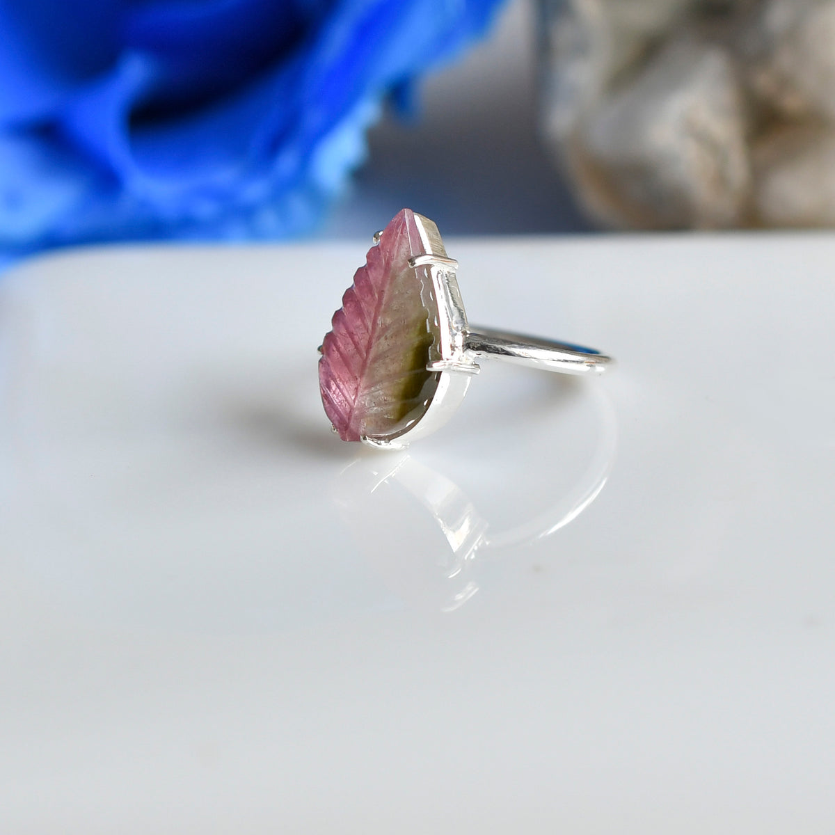 Bicolor Tourmaline Big Leaf Ring – 925 Sterling Silver