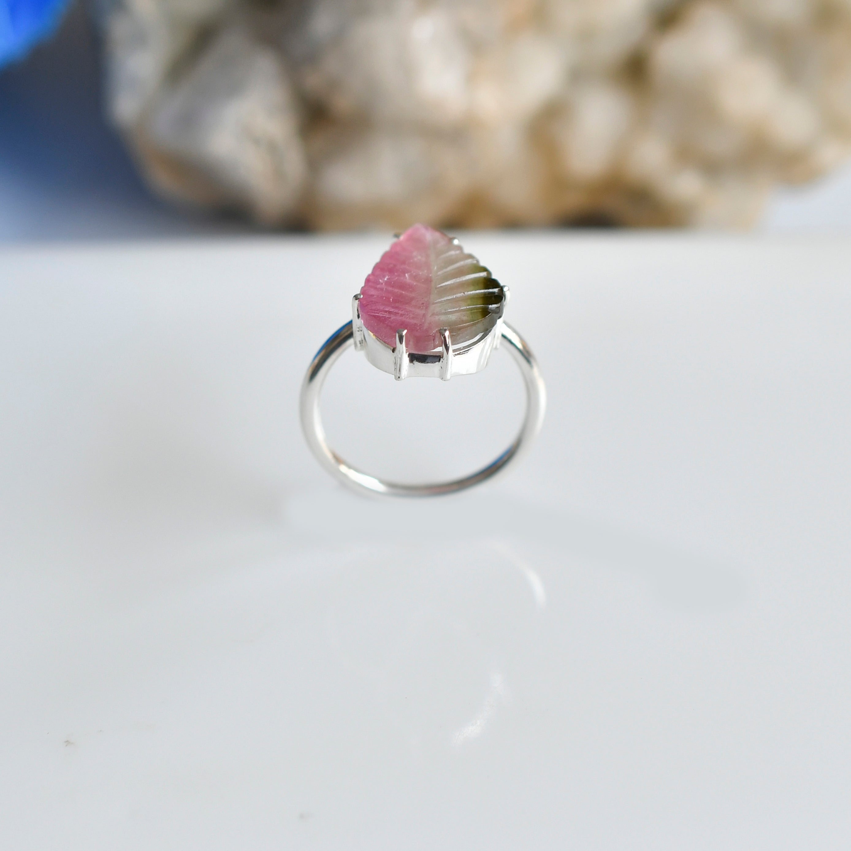 Bicolor Tourmaline Big Leaf Ring – 925 Sterling Silver
