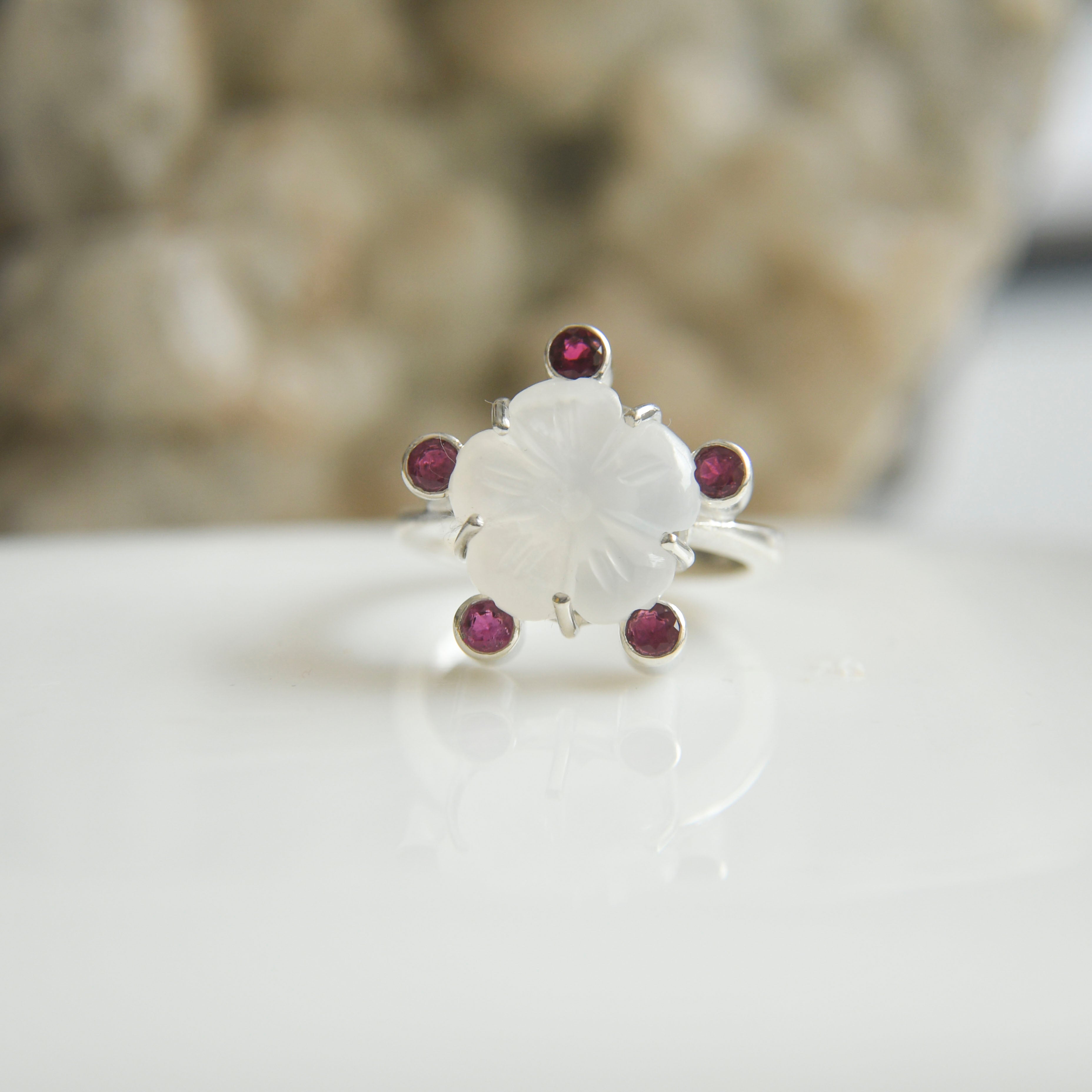 Carved White Moonstone Flower Ring with Pink Tourmaline Accents – 925 Sterling Silver