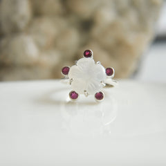 Carved White Moonstone Flower Ring with Pink Tourmaline Accents – 925 Sterling Silver