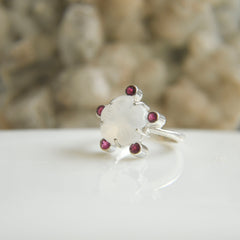 Carved White Moonstone Flower Ring with Pink Tourmaline Accents – 925 Sterling Silver