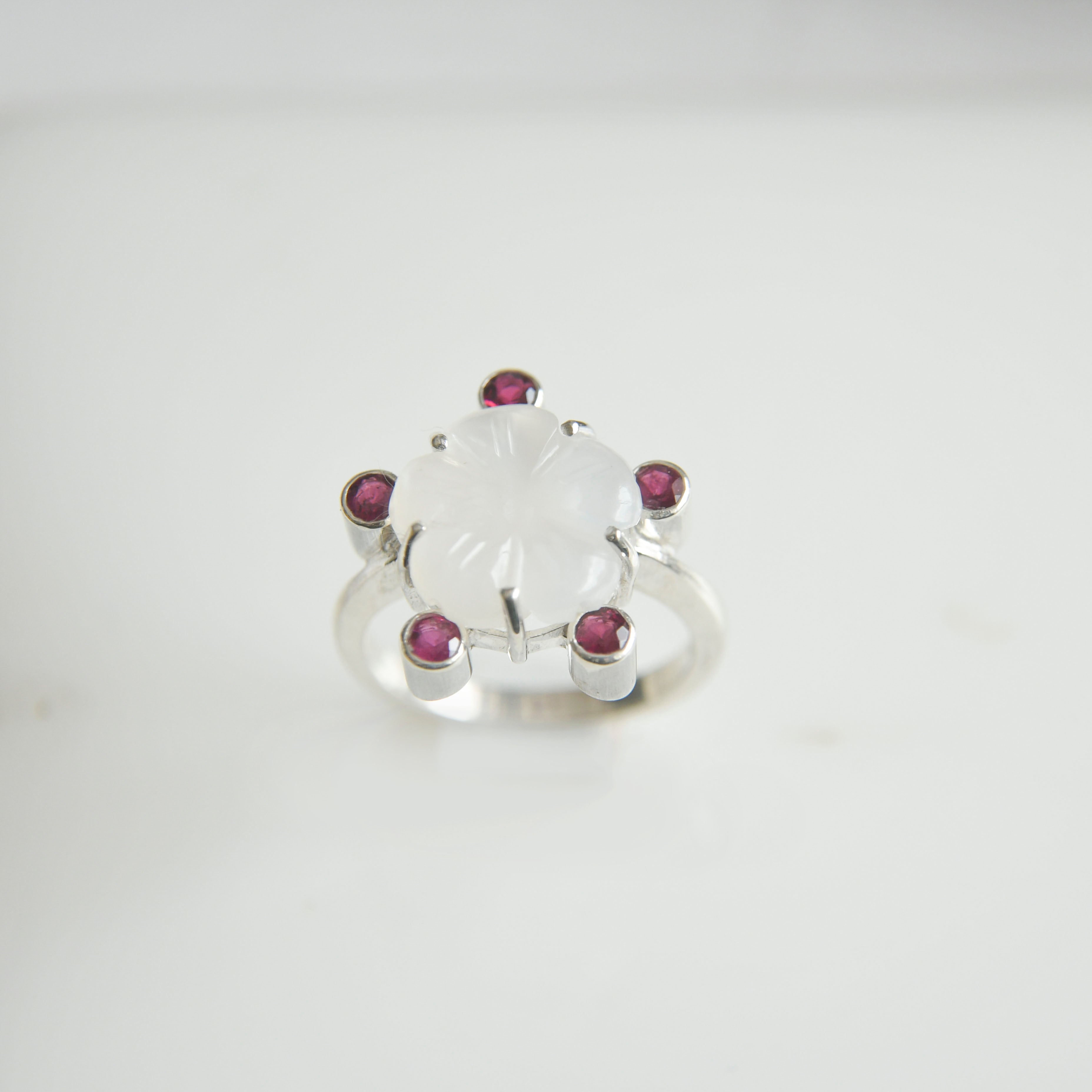 Carved White Moonstone Flower Ring with Pink Tourmaline Accents – 925 Sterling Silver