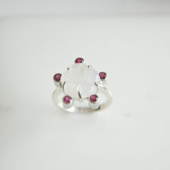 Carved White Moonstone Flower Ring with Pink Tourmaline Accents – 925 Sterling Silver