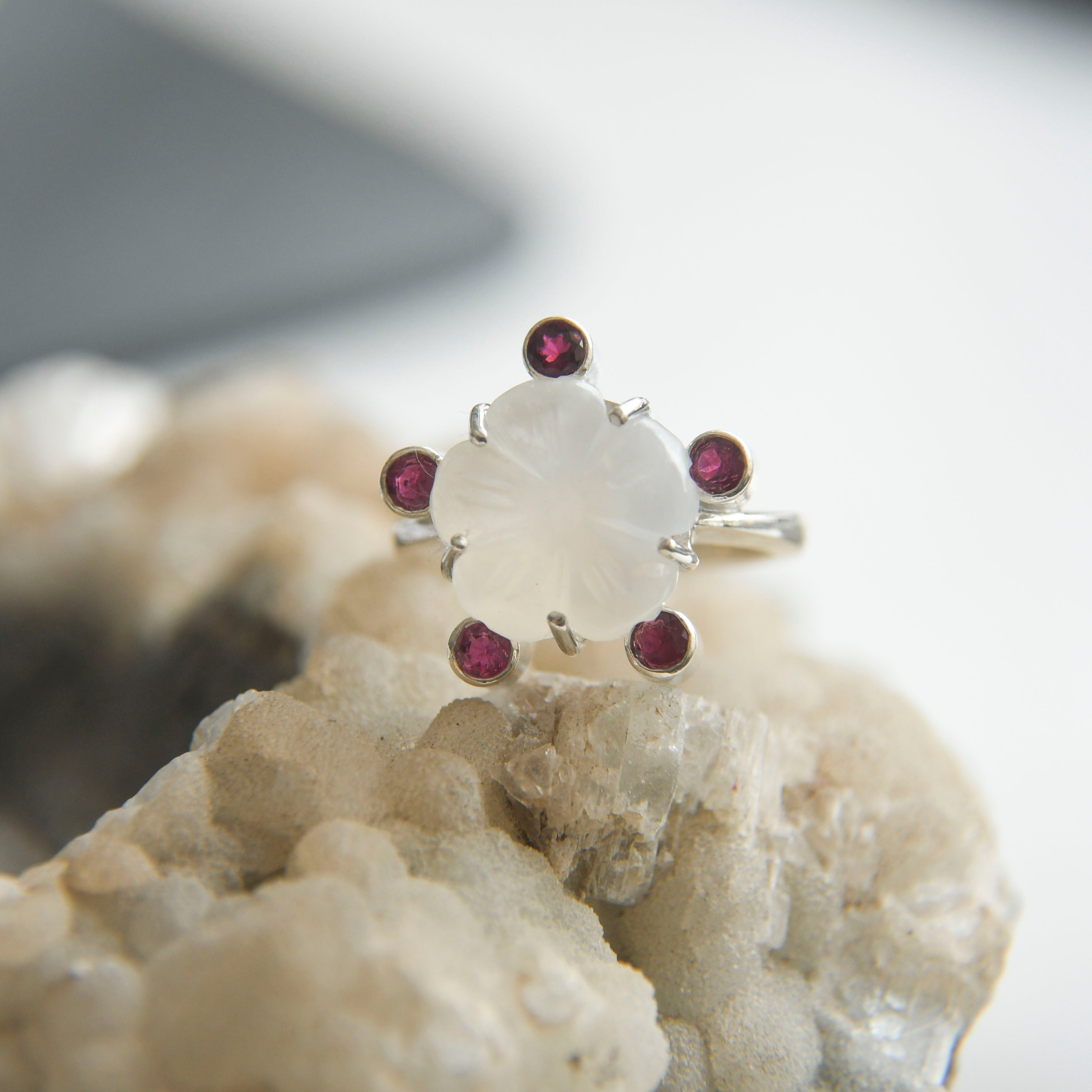 Carved White Moonstone Flower Ring with Pink Tourmaline Accents – 925 Sterling Silver