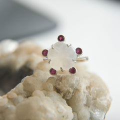 Carved White Moonstone Flower Ring with Pink Tourmaline Accents – 925 Sterling Silver