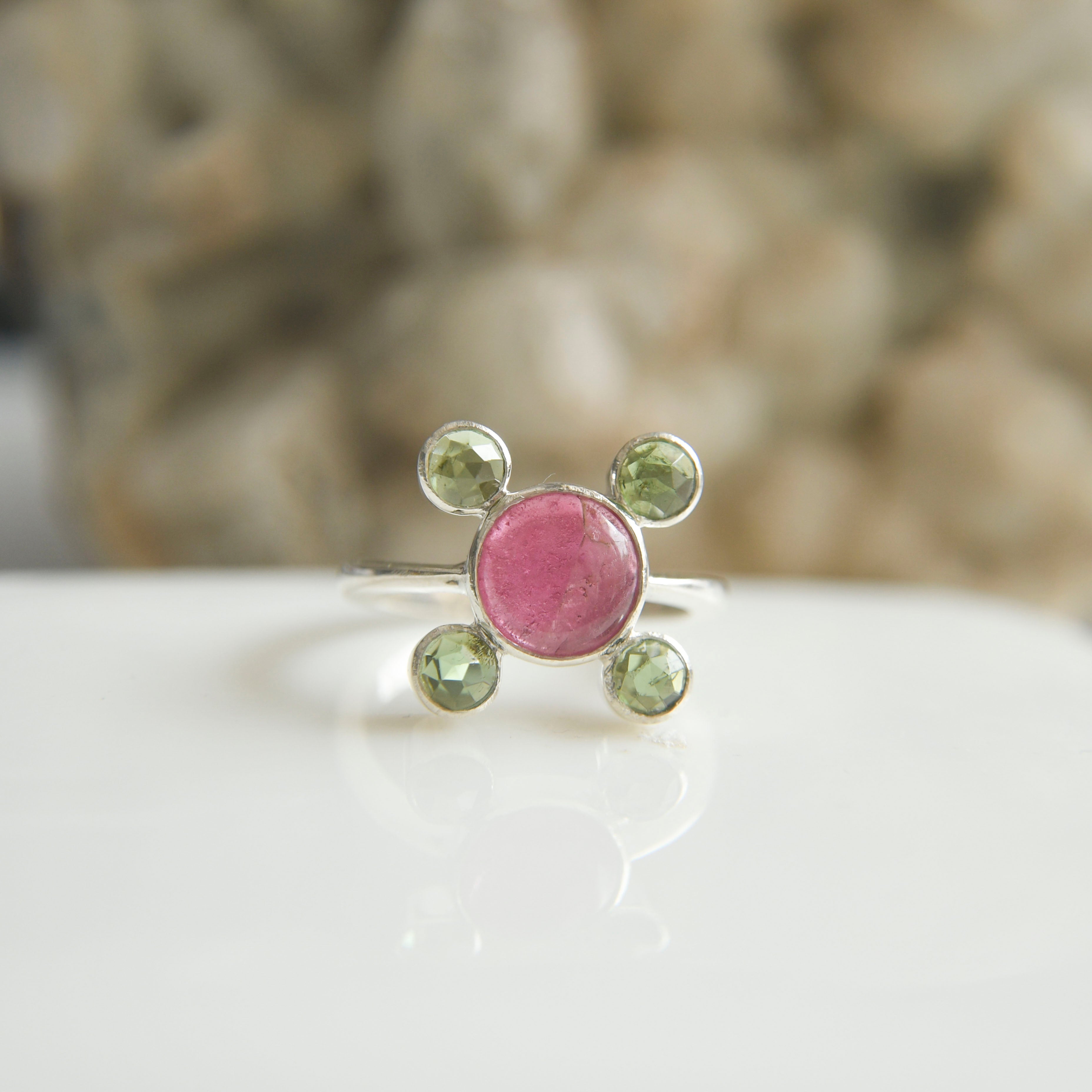 Pink Cabochon with Green Faceted Tourmalines Ring – 925 Sterling Silver