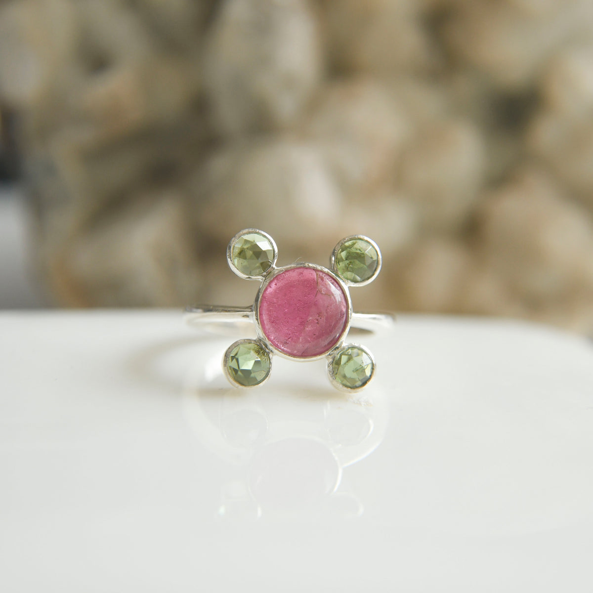 Pink Cabochon with Green Faceted Tourmalines Ring – 925 Sterling Silver
