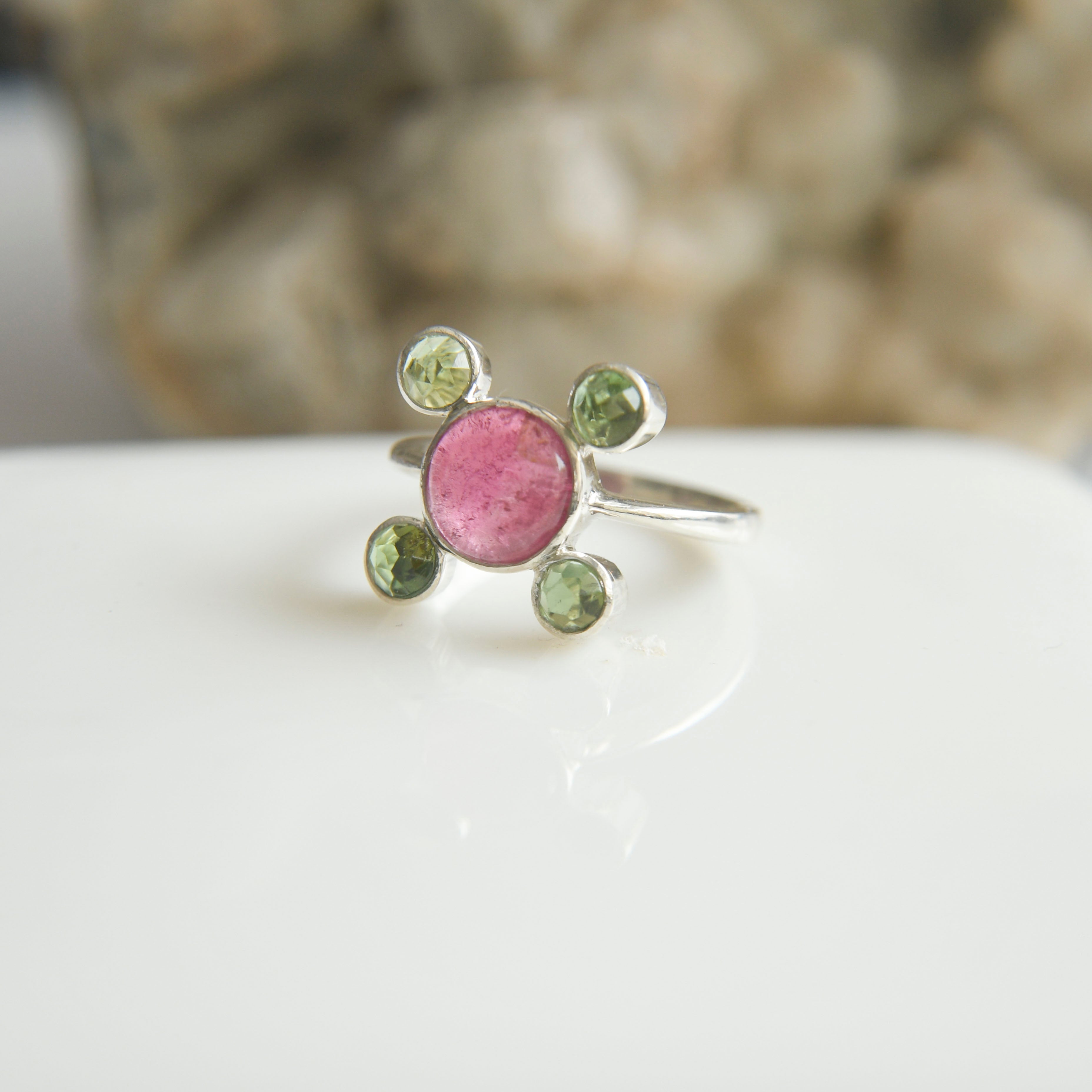 Pink Cabochon with Green Faceted Tourmalines Ring – 925 Sterling Silver