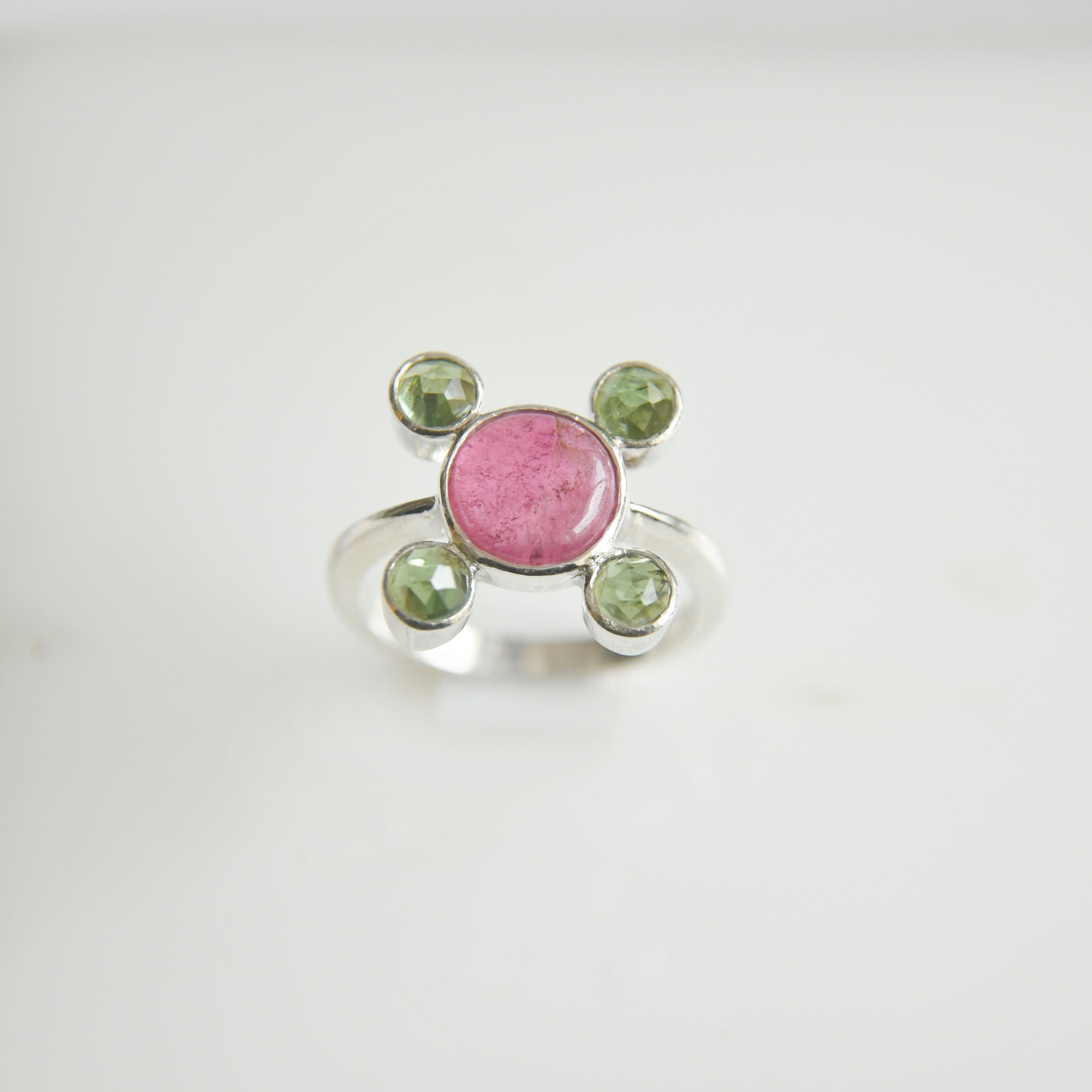 Pink Cabochon with Green Faceted Tourmalines Ring – 925 Sterling Silver
