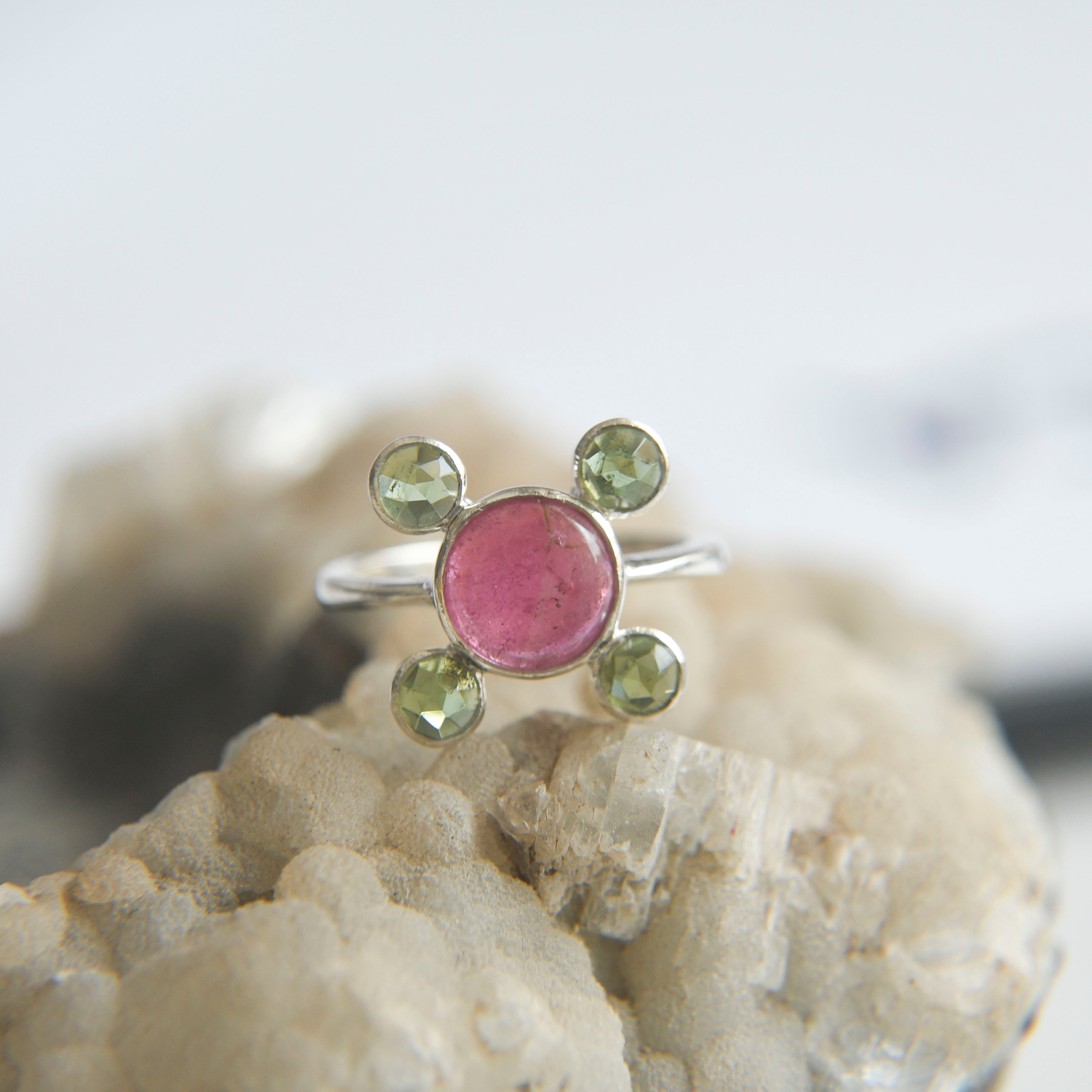 Pink Cabochon with Green Faceted Tourmalines Ring – 925 Sterling Silver