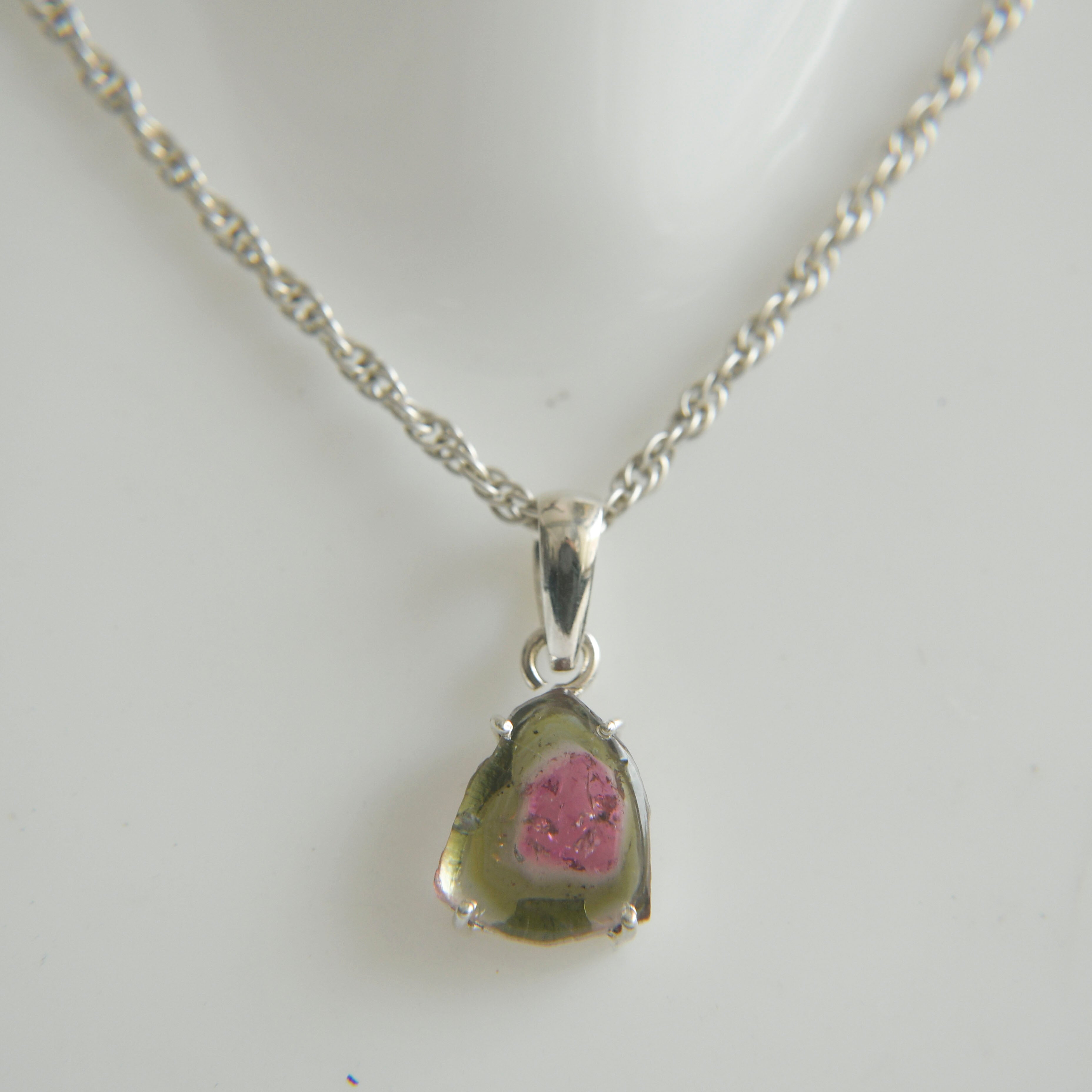 Dark Pink Center Watermelon Tourmaline Slice Pendant – 925 Sterling Silver