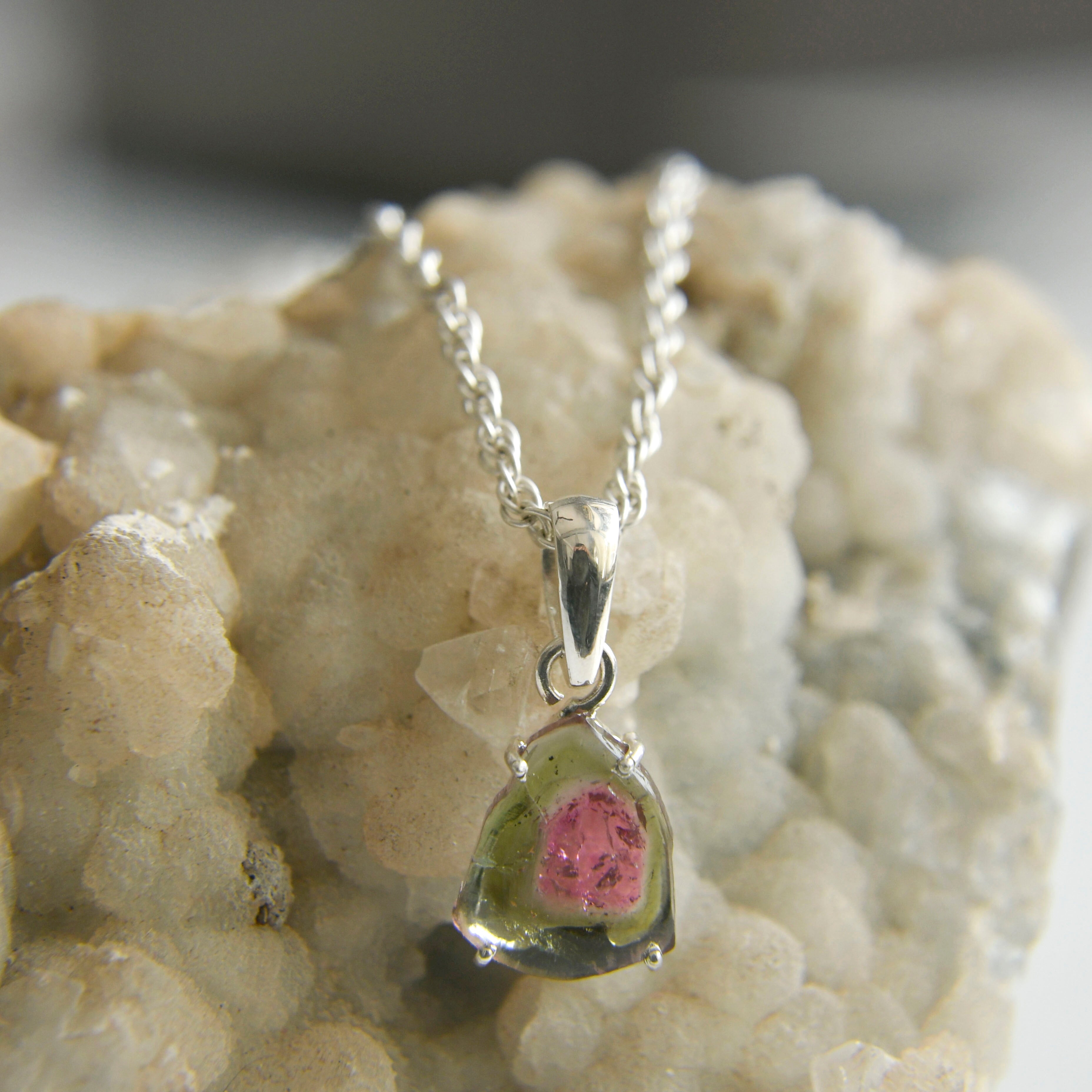 Dark Pink Center Watermelon Tourmaline Slice Pendant – 925 Sterling Silver