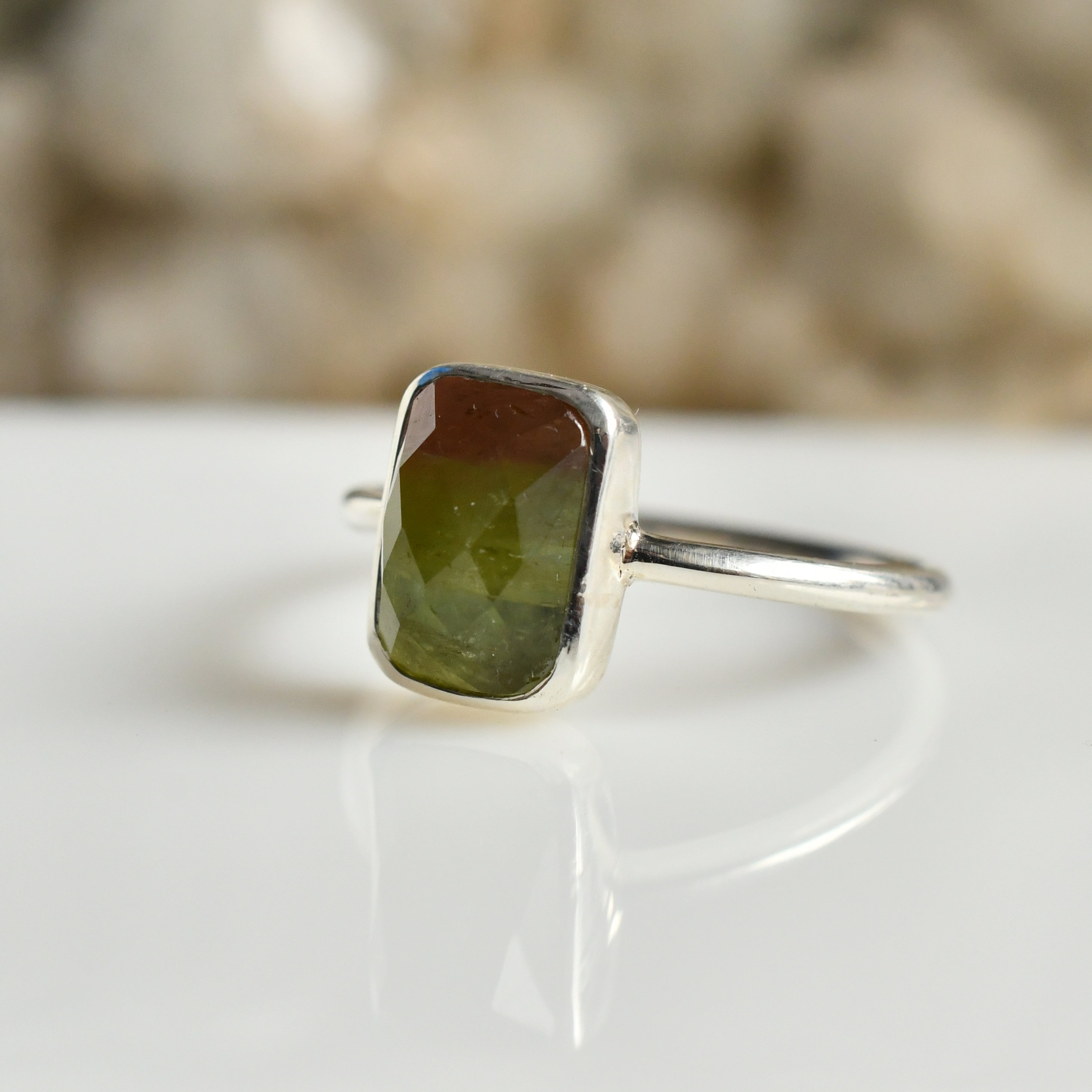 Bicolor Tourmaline Cushion Ring (Green-Pink) – 925 Sterling Silver