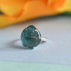 Blue Tourmaline Carving Ring – 925 Sterling Silver