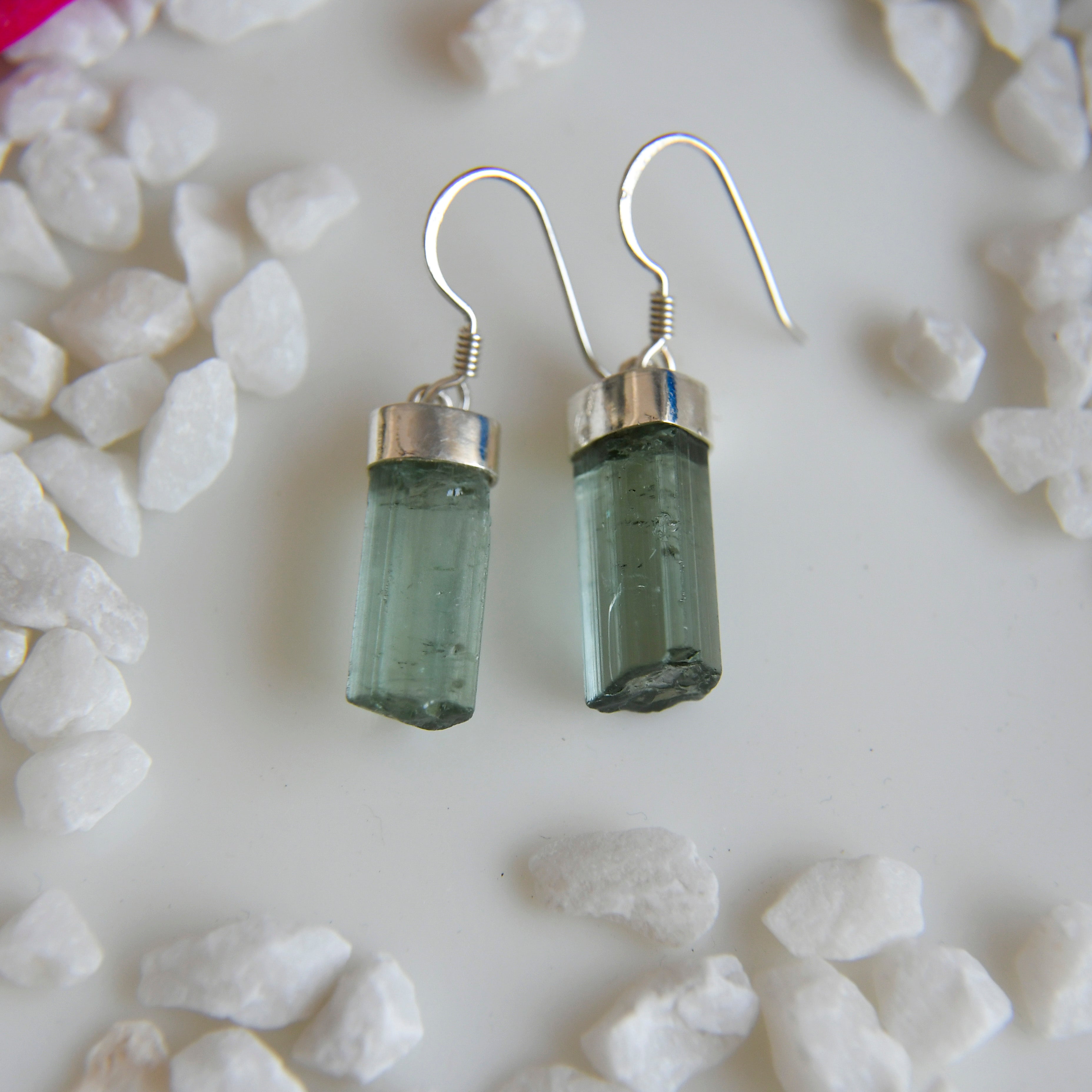 Raw Green Tourmaline Crystal Earrings – 925 Sterling Silver