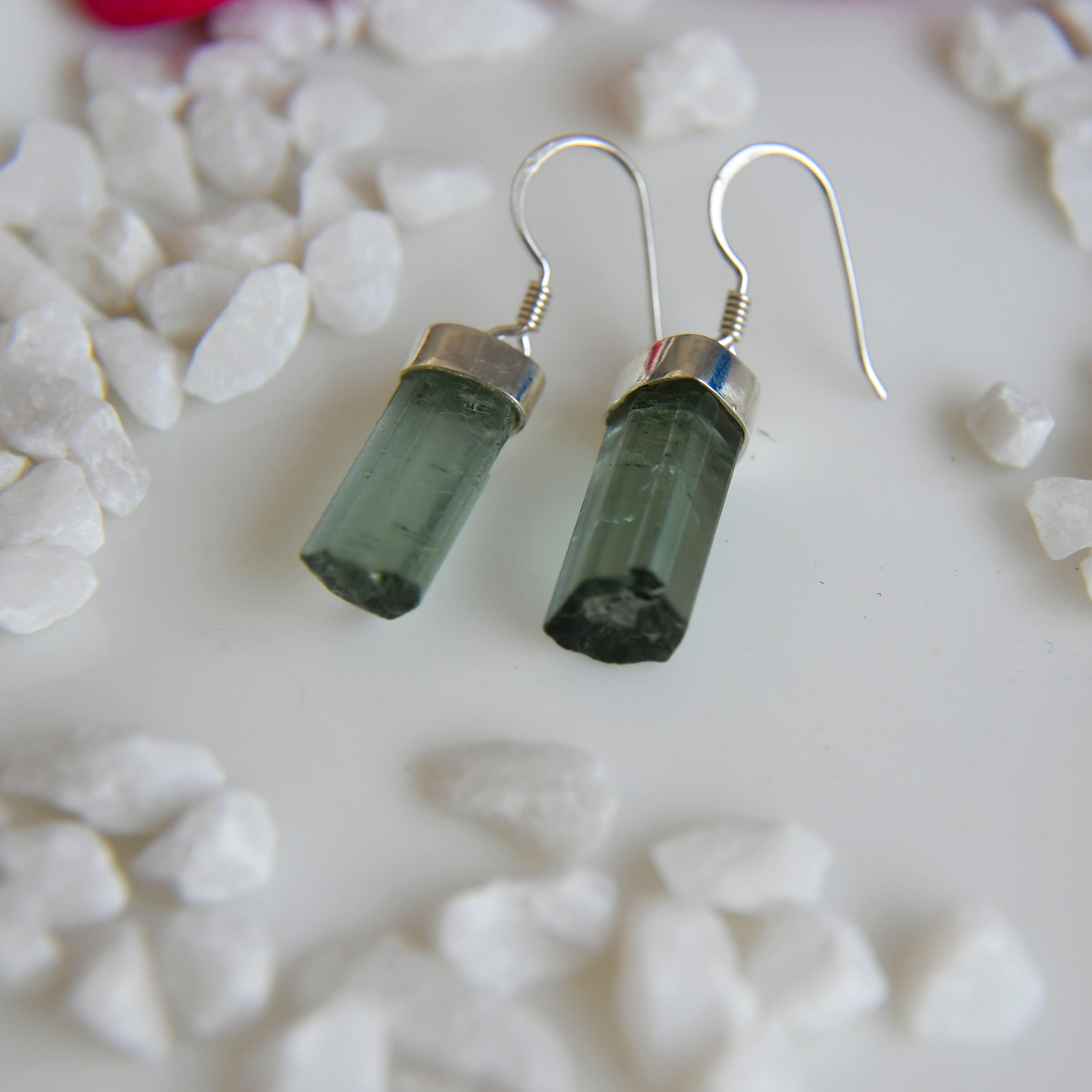 Raw Green Tourmaline Crystal Earrings – 925 Sterling Silver